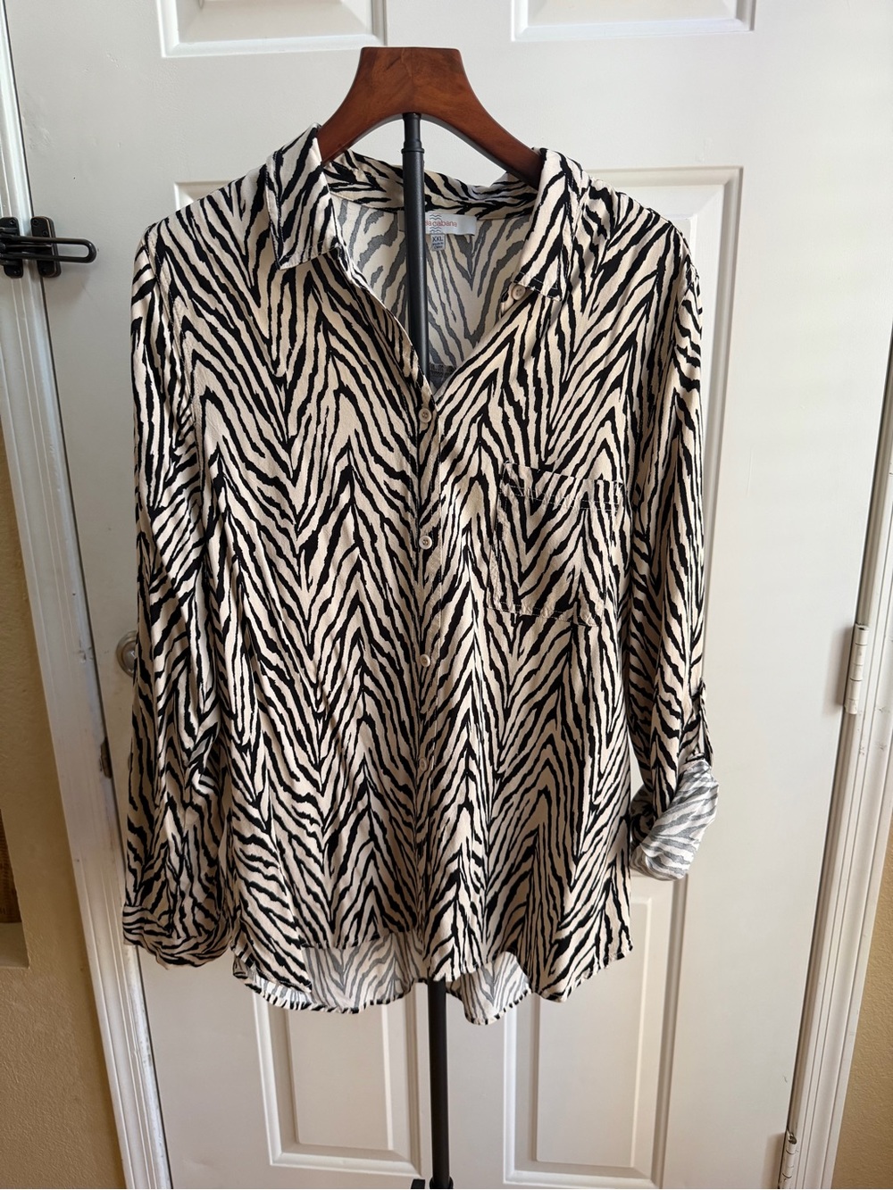 Zebra-Print Button-Up Blouse in Black & Cream